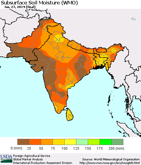 Southern Asia Subsurface Soil Moisture (WMO) Thematic Map For 1/21/2019 - 1/27/2019
