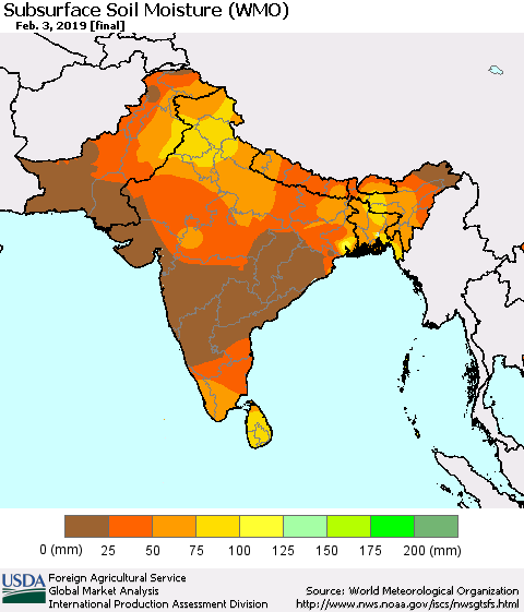 Southern Asia Subsurface Soil Moisture (WMO) Thematic Map For 1/28/2019 - 2/3/2019