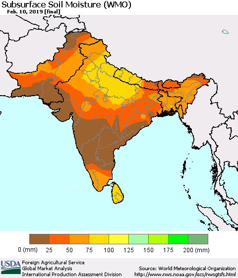 Southern Asia Subsurface Soil Moisture (WMO) Thematic Map For 2/4/2019 - 2/10/2019