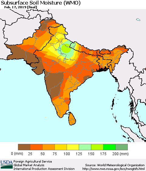 Southern Asia Subsurface Soil Moisture (WMO) Thematic Map For 2/11/2019 - 2/17/2019