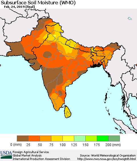 Southern Asia Subsurface Soil Moisture (WMO) Thematic Map For 2/18/2019 - 2/24/2019