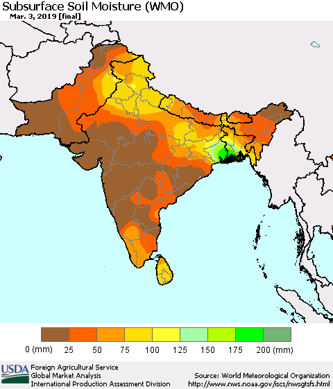Southern Asia Subsurface Soil Moisture (WMO) Thematic Map For 2/25/2019 - 3/3/2019