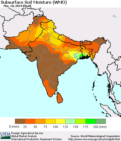 Southern Asia Subsurface Soil Moisture (WMO) Thematic Map For 3/4/2019 - 3/10/2019