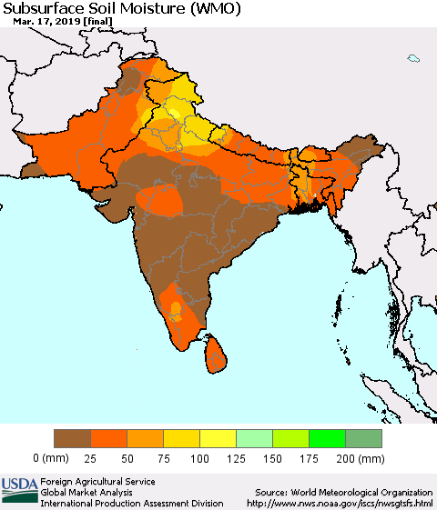 Southern Asia Subsurface Soil Moisture (WMO) Thematic Map For 3/11/2019 - 3/17/2019