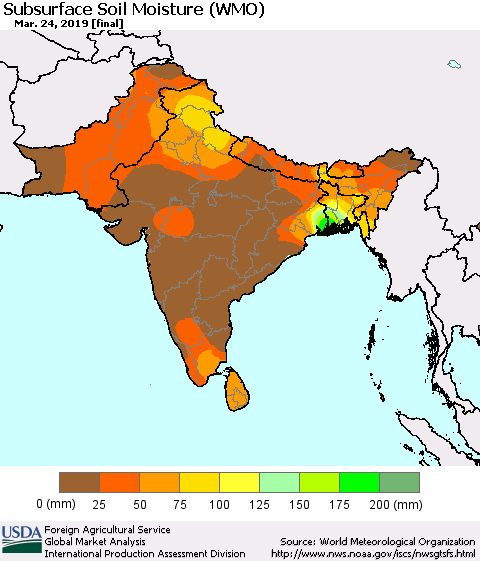 Southern Asia Subsurface Soil Moisture (WMO) Thematic Map For 3/18/2019 - 3/24/2019