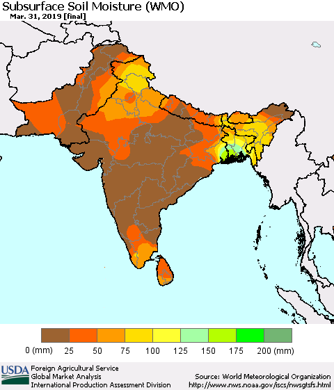 Southern Asia Subsurface Soil Moisture (WMO) Thematic Map For 3/25/2019 - 3/31/2019