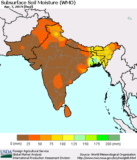 Southern Asia Subsurface Soil Moisture (WMO) Thematic Map For 4/1/2019 - 4/7/2019