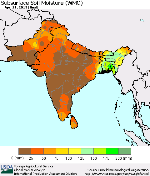Southern Asia Subsurface Soil Moisture (WMO) Thematic Map For 4/15/2019 - 4/21/2019