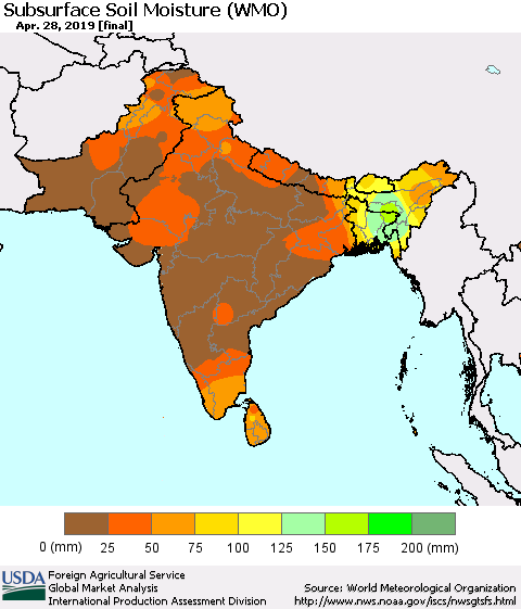 Southern Asia Subsurface Soil Moisture (WMO) Thematic Map For 4/22/2019 - 4/28/2019