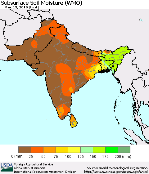 Southern Asia Subsurface Soil Moisture (WMO) Thematic Map For 5/13/2019 - 5/19/2019
