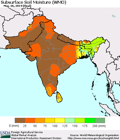 Southern Asia Subsurface Soil Moisture (WMO) Thematic Map For 5/20/2019 - 5/26/2019