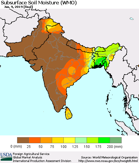 Southern Asia Subsurface Soil Moisture (WMO) Thematic Map For 6/3/2019 - 6/9/2019