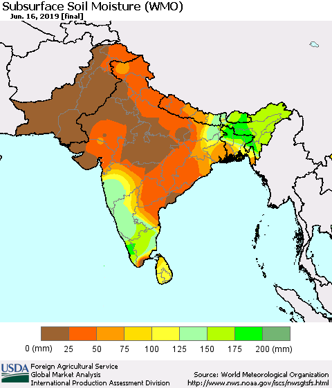 Southern Asia Subsurface Soil Moisture (WMO) Thematic Map For 6/10/2019 - 6/16/2019