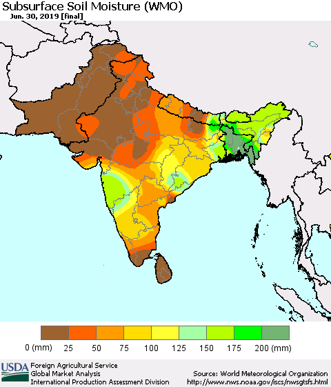 Southern Asia Subsurface Soil Moisture (WMO) Thematic Map For 6/24/2019 - 6/30/2019