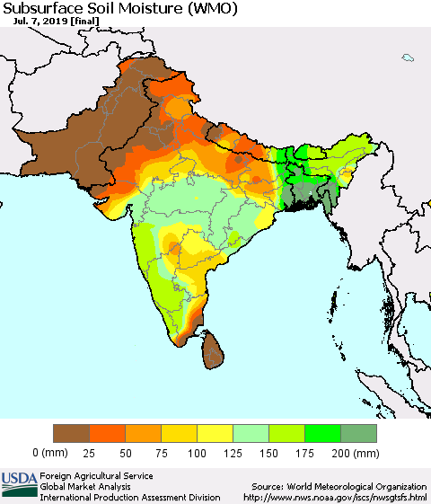 Southern Asia Subsurface Soil Moisture (WMO) Thematic Map For 7/1/2019 - 7/7/2019