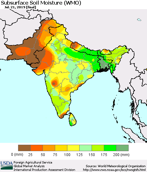 Southern Asia Subsurface Soil Moisture (WMO) Thematic Map For 7/15/2019 - 7/21/2019