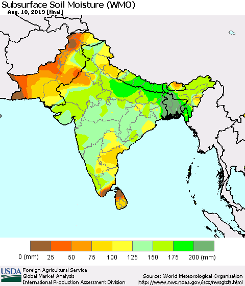 Southern Asia Subsurface Soil Moisture (WMO) Thematic Map For 8/12/2019 - 8/18/2019