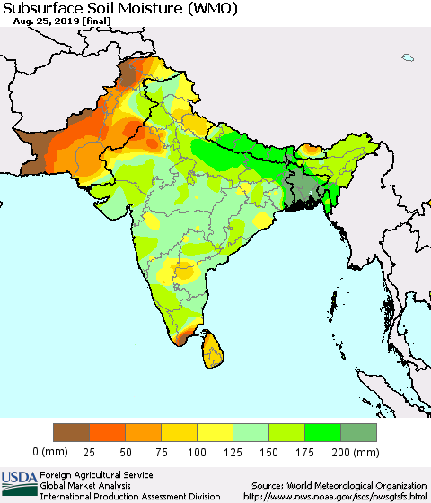 Southern Asia Subsurface Soil Moisture (WMO) Thematic Map For 8/19/2019 - 8/25/2019