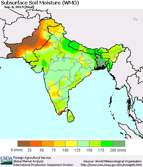 Southern Asia Subsurface Soil Moisture (WMO) Thematic Map For 9/2/2019 - 9/8/2019