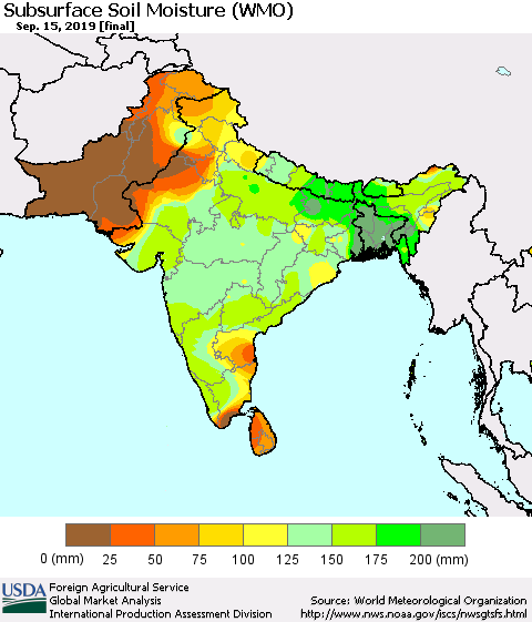 Southern Asia Subsurface Soil Moisture (WMO) Thematic Map For 9/9/2019 - 9/15/2019