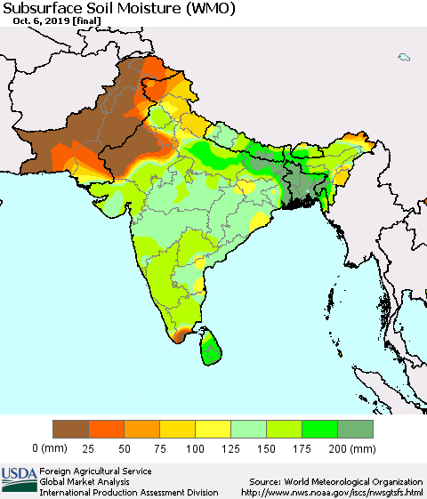 Southern Asia Subsurface Soil Moisture (WMO) Thematic Map For 9/30/2019 - 10/6/2019