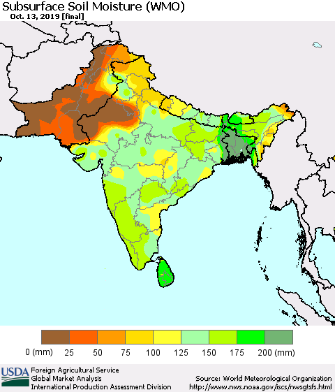 Southern Asia Subsurface Soil Moisture (WMO) Thematic Map For 10/7/2019 - 10/13/2019