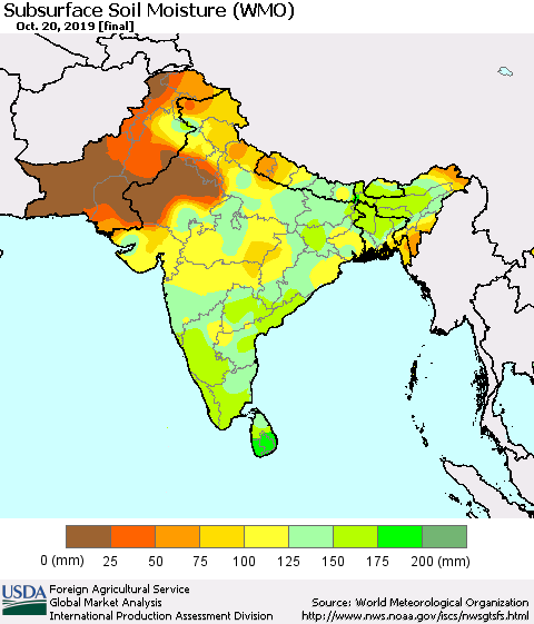 Southern Asia Subsurface Soil Moisture (WMO) Thematic Map For 10/14/2019 - 10/20/2019