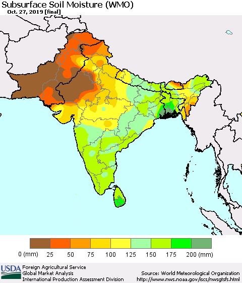 Southern Asia Subsurface Soil Moisture (WMO) Thematic Map For 10/21/2019 - 10/27/2019