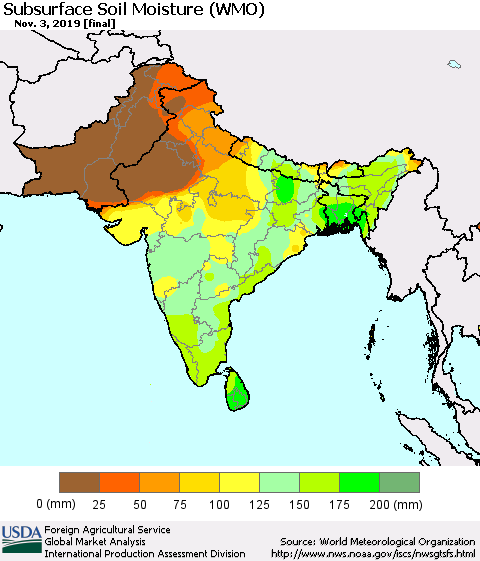 Southern Asia Subsurface Soil Moisture (WMO) Thematic Map For 10/28/2019 - 11/3/2019