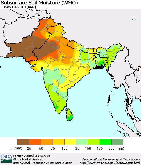 Southern Asia Subsurface Soil Moisture (WMO) Thematic Map For 11/4/2019 - 11/10/2019