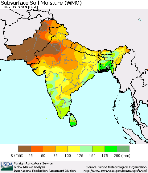Southern Asia Subsurface Soil Moisture (WMO) Thematic Map For 11/11/2019 - 11/17/2019