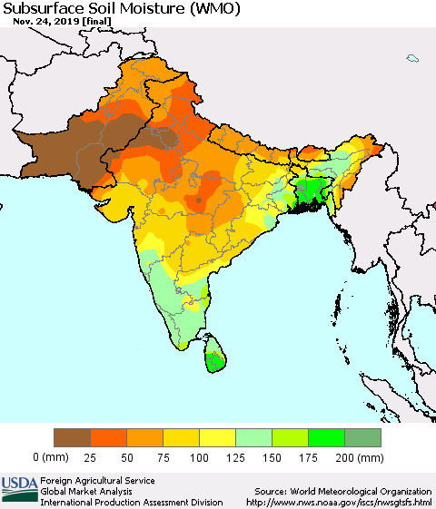 Southern Asia Subsurface Soil Moisture (WMO) Thematic Map For 11/18/2019 - 11/24/2019