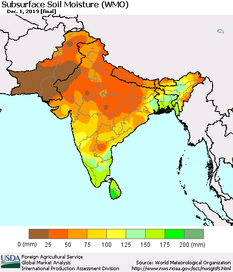 Southern Asia Subsurface Soil Moisture (WMO) Thematic Map For 11/25/2019 - 12/1/2019