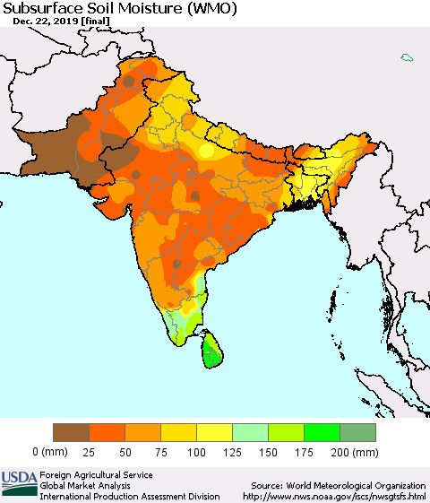 Southern Asia Subsurface Soil Moisture (WMO) Thematic Map For 12/16/2019 - 12/22/2019