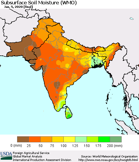 Southern Asia Subsurface Soil Moisture (WMO) Thematic Map For 12/30/2019 - 1/5/2020
