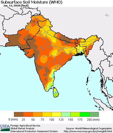 Southern Asia Subsurface Soil Moisture (WMO) Thematic Map For 1/6/2020 - 1/12/2020