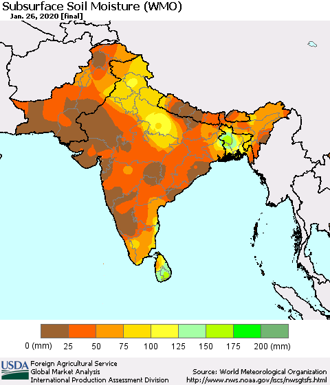 Southern Asia Subsurface Soil Moisture (WMO) Thematic Map For 1/20/2020 - 1/26/2020