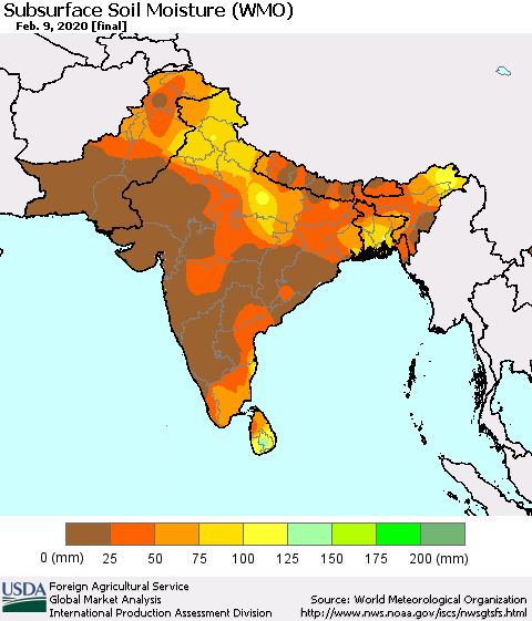 Southern Asia Subsurface Soil Moisture (WMO) Thematic Map For 2/3/2020 - 2/9/2020