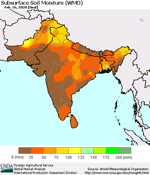 Southern Asia Subsurface Soil Moisture (WMO) Thematic Map For 2/10/2020 - 2/16/2020