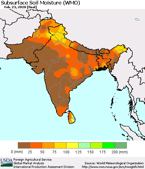 Southern Asia Subsurface Soil Moisture (WMO) Thematic Map For 2/17/2020 - 2/23/2020