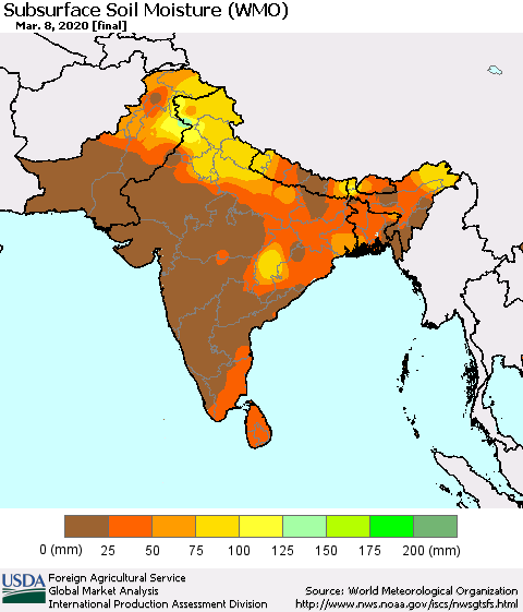 Southern Asia Subsurface Soil Moisture (WMO) Thematic Map For 3/2/2020 - 3/8/2020