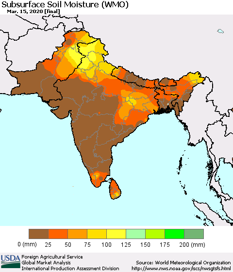 Southern Asia Subsurface Soil Moisture (WMO) Thematic Map For 3/9/2020 - 3/15/2020