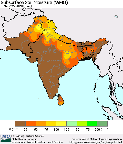 Southern Asia Subsurface Soil Moisture (WMO) Thematic Map For 3/16/2020 - 3/22/2020