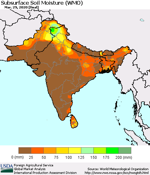 Southern Asia Subsurface Soil Moisture (WMO) Thematic Map For 3/23/2020 - 3/29/2020