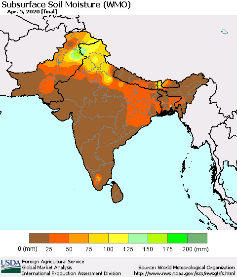 Southern Asia Subsurface Soil Moisture (WMO) Thematic Map For 3/30/2020 - 4/5/2020