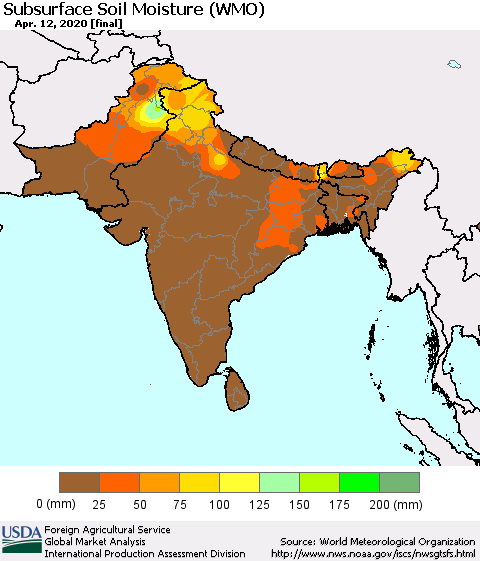 Southern Asia Subsurface Soil Moisture (WMO) Thematic Map For 4/6/2020 - 4/12/2020