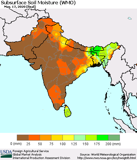 Southern Asia Subsurface Soil Moisture (WMO) Thematic Map For 5/11/2020 - 5/17/2020