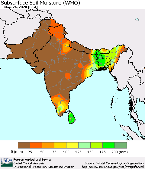 Southern Asia Subsurface Soil Moisture (WMO) Thematic Map For 5/18/2020 - 5/24/2020