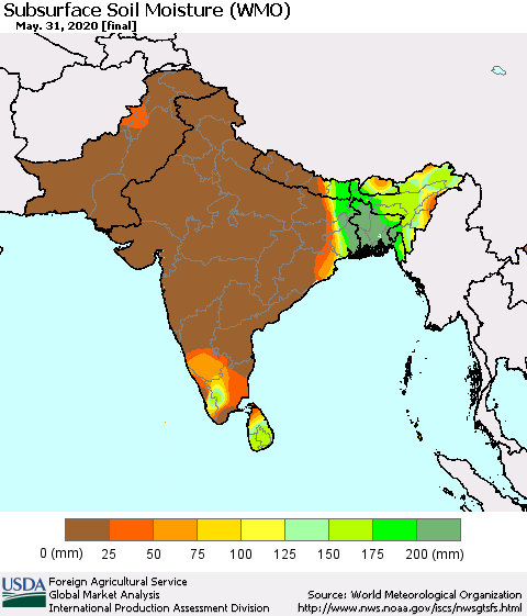 Southern Asia Subsurface Soil Moisture (WMO) Thematic Map For 5/25/2020 - 5/31/2020