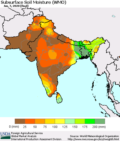 Southern Asia Subsurface Soil Moisture (WMO) Thematic Map For 6/1/2020 - 6/7/2020